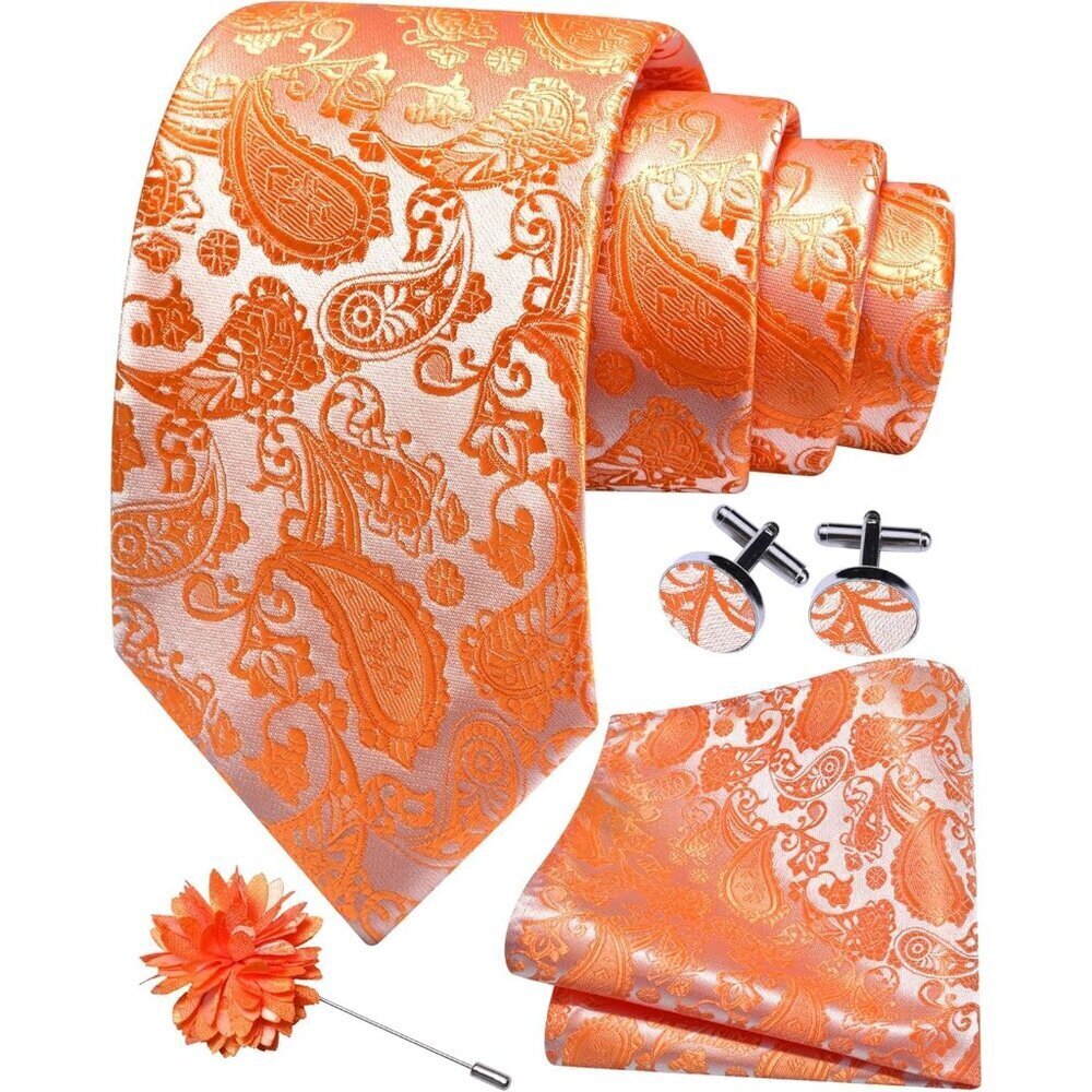 Men's Orange 1 Paisley Tie And Lapel Pin Necktie Hankerchief Cufflinks Set